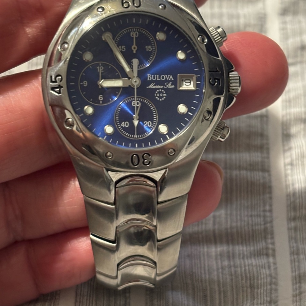 Bulova Men's Silver Stainless Steel Watch with Blue Dial